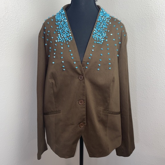 Victor Costa Jackets & Blazers - Victor Costa Blazer Women's‎ 1X brown with turquoise bead embellishments lined